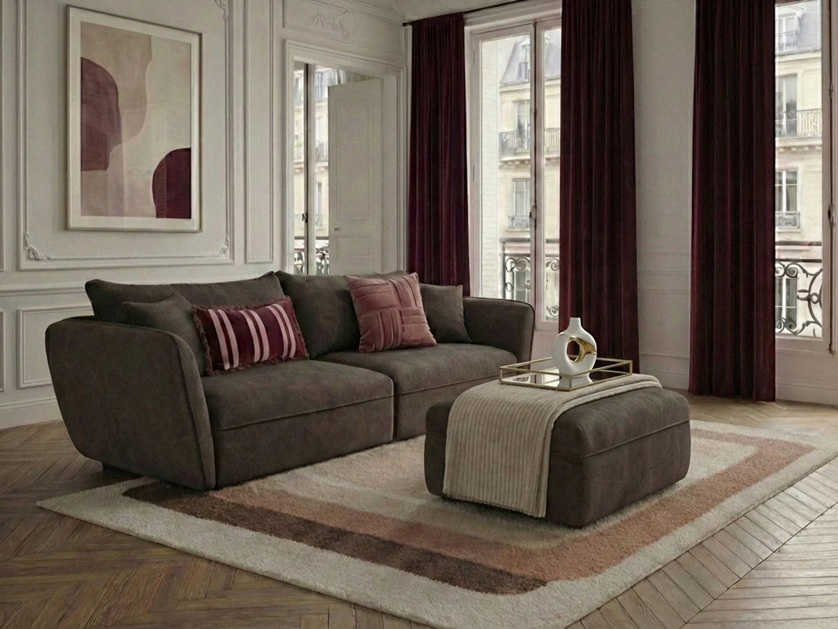 Canapé droit fixe 3 places LUIGI tissu lisse avec pouf - Image 11