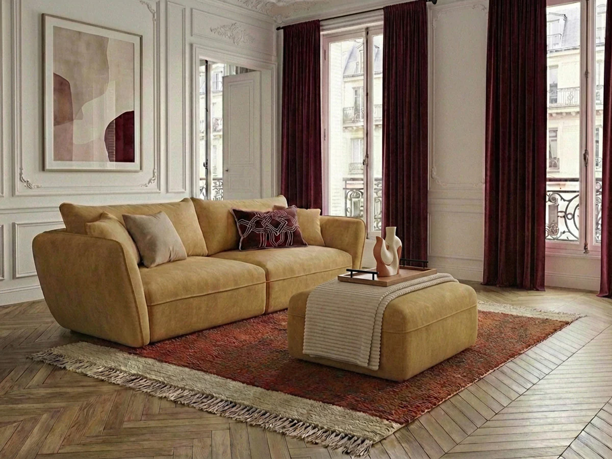 Canapé droit fixe 3 places LUIGI tissu lisse avec pouf - Image 12