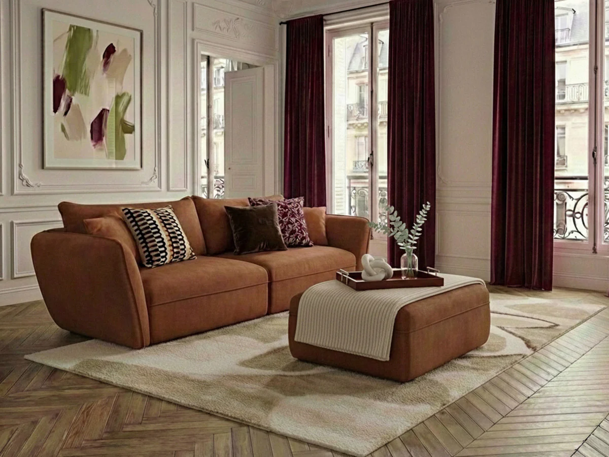 Canapé droit fixe 3 places LUIGI tissu lisse avec pouf - Image 13