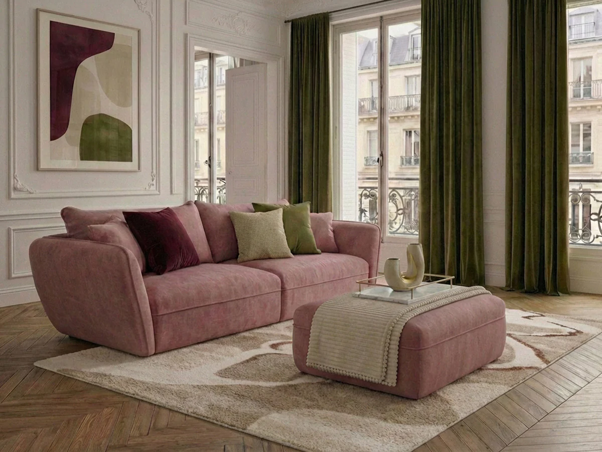 Canapé droit fixe 3 places LUIGI tissu lisse avec pouf - Image 14