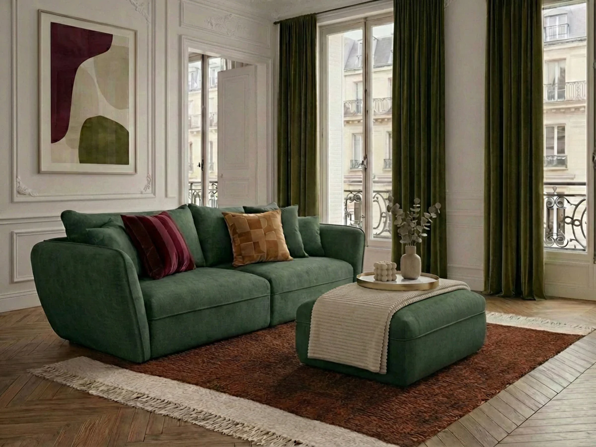 Canapé droit fixe 3 places LUIGI tissu lisse avec pouf - Image 15