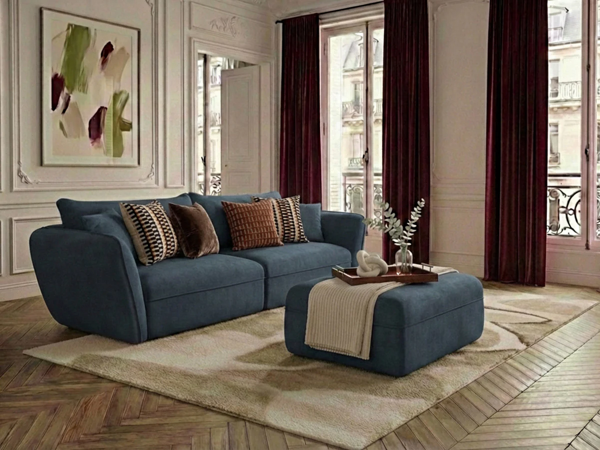 Canapé droit fixe 3 places LUIGI tissu lisse avec pouf - Image 16
