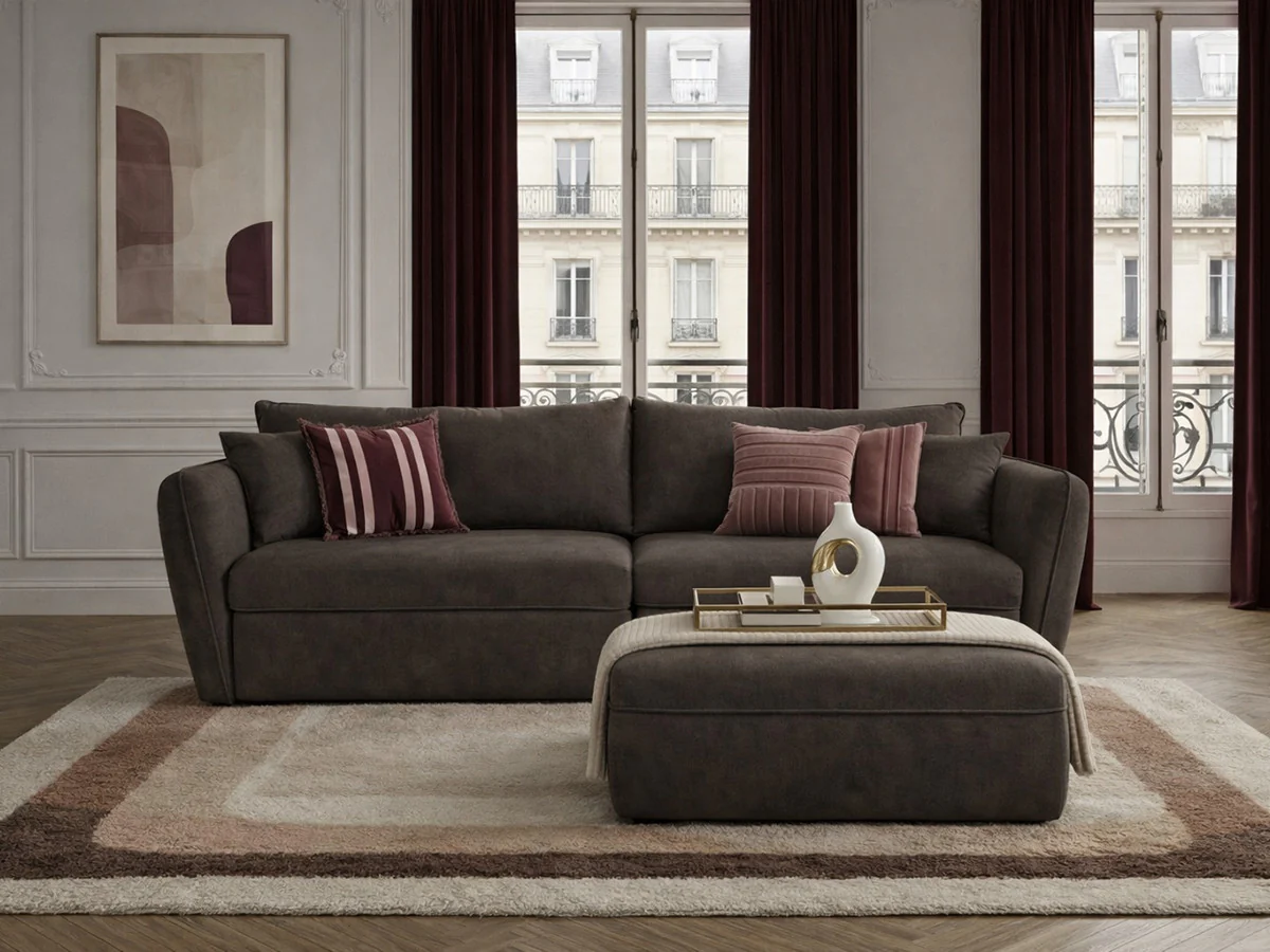 Canapé droit fixe 3 places LUIGI tissu lisse avec pouf - Image 3