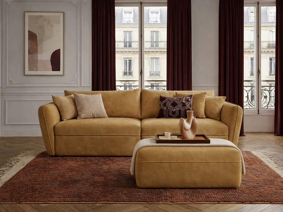 Canapé droit fixe 3 places LUIGI tissu lisse avec pouf - Image 4