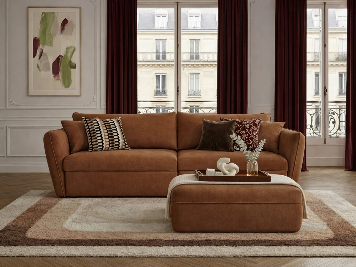 Canapé droit fixe 3 places LUIGI tissu lisse avec pouf - Image 5