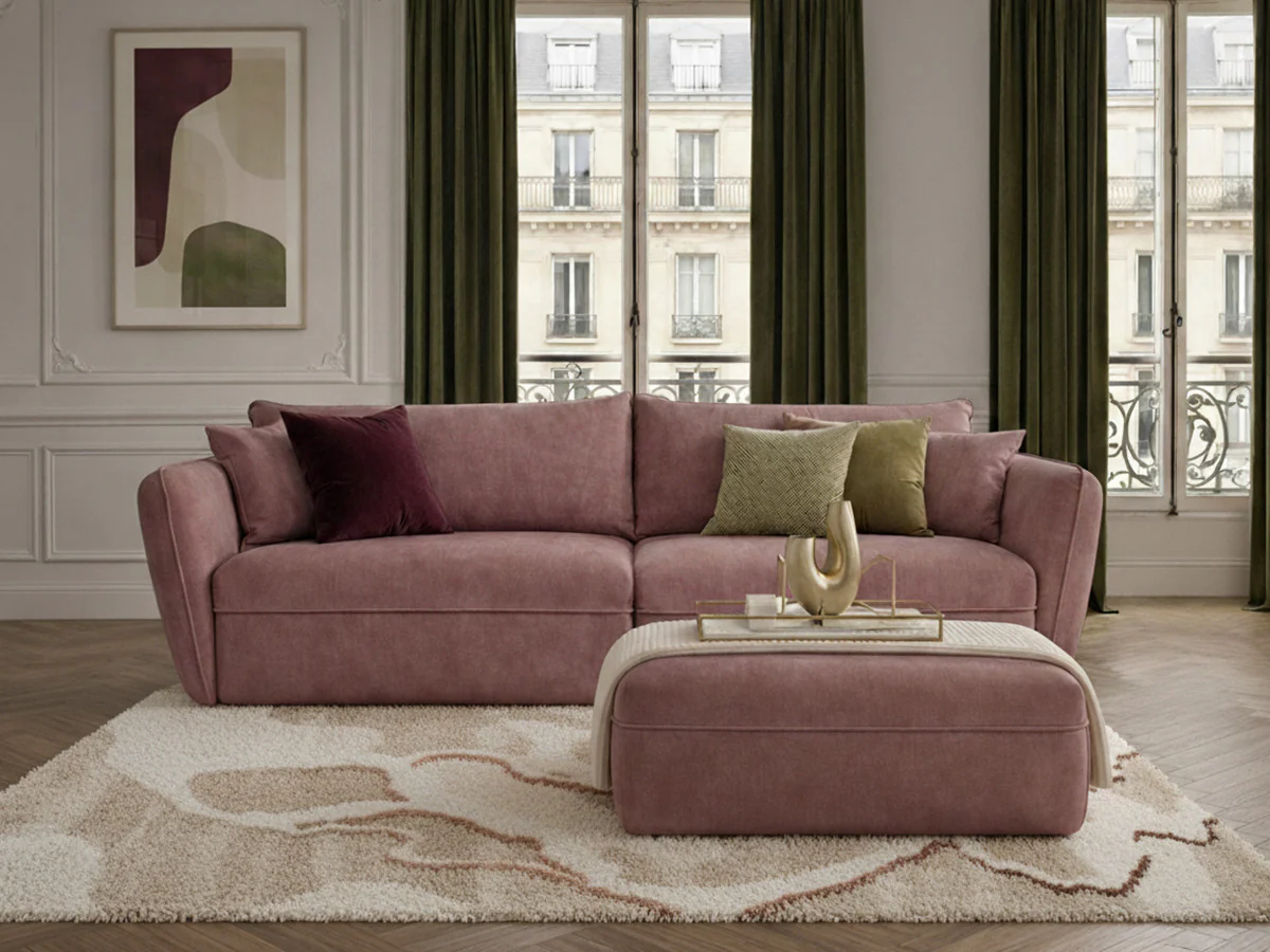 Canapé droit fixe 3 places LUIGI tissu lisse avec pouf - Image 6