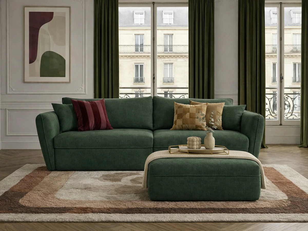 Canapé droit fixe 3 places LUIGI tissu lisse avec pouf - Image 7