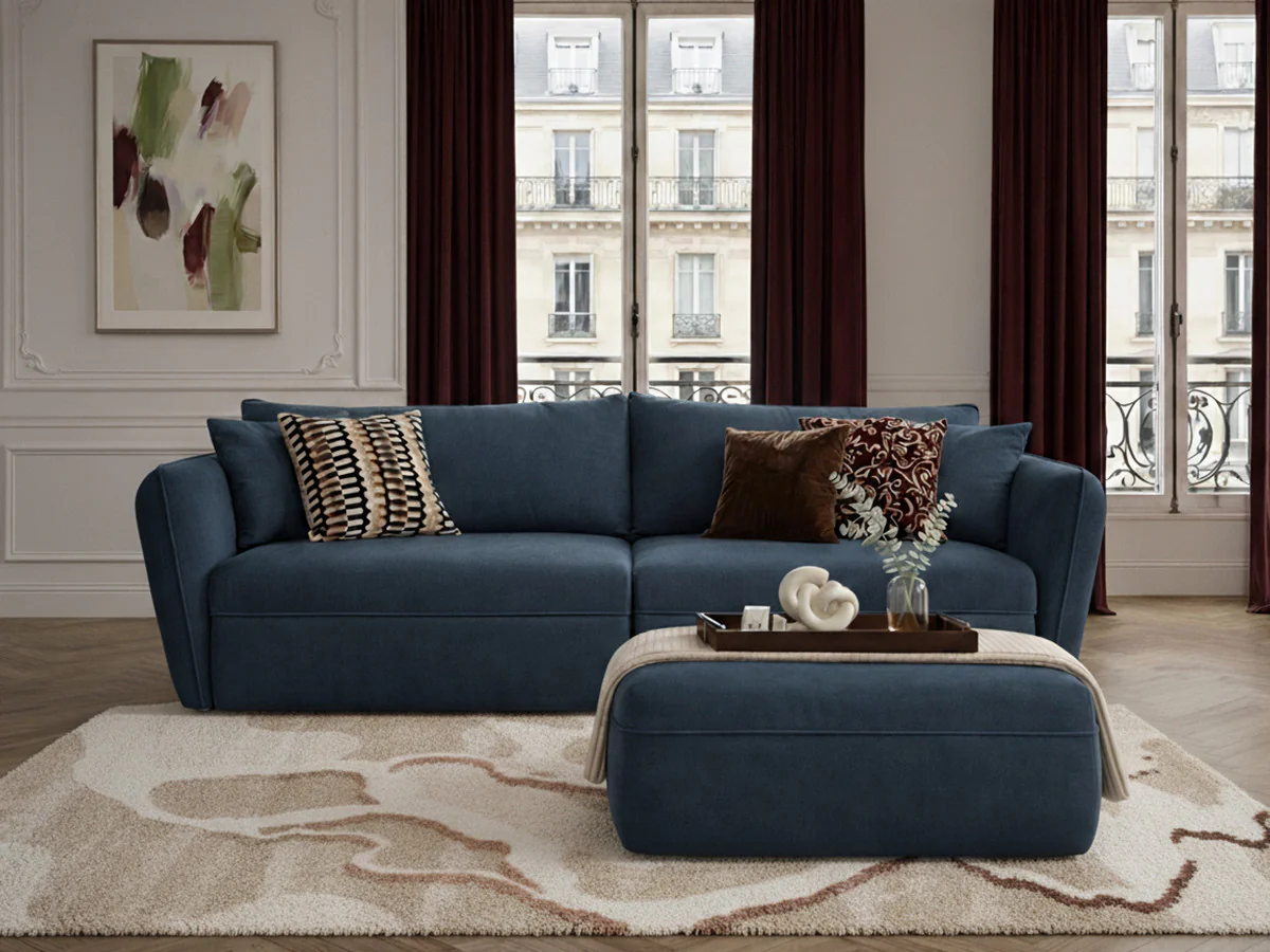 Canapé droit fixe 3 places LUIGI tissu lisse avec pouf - Image 8