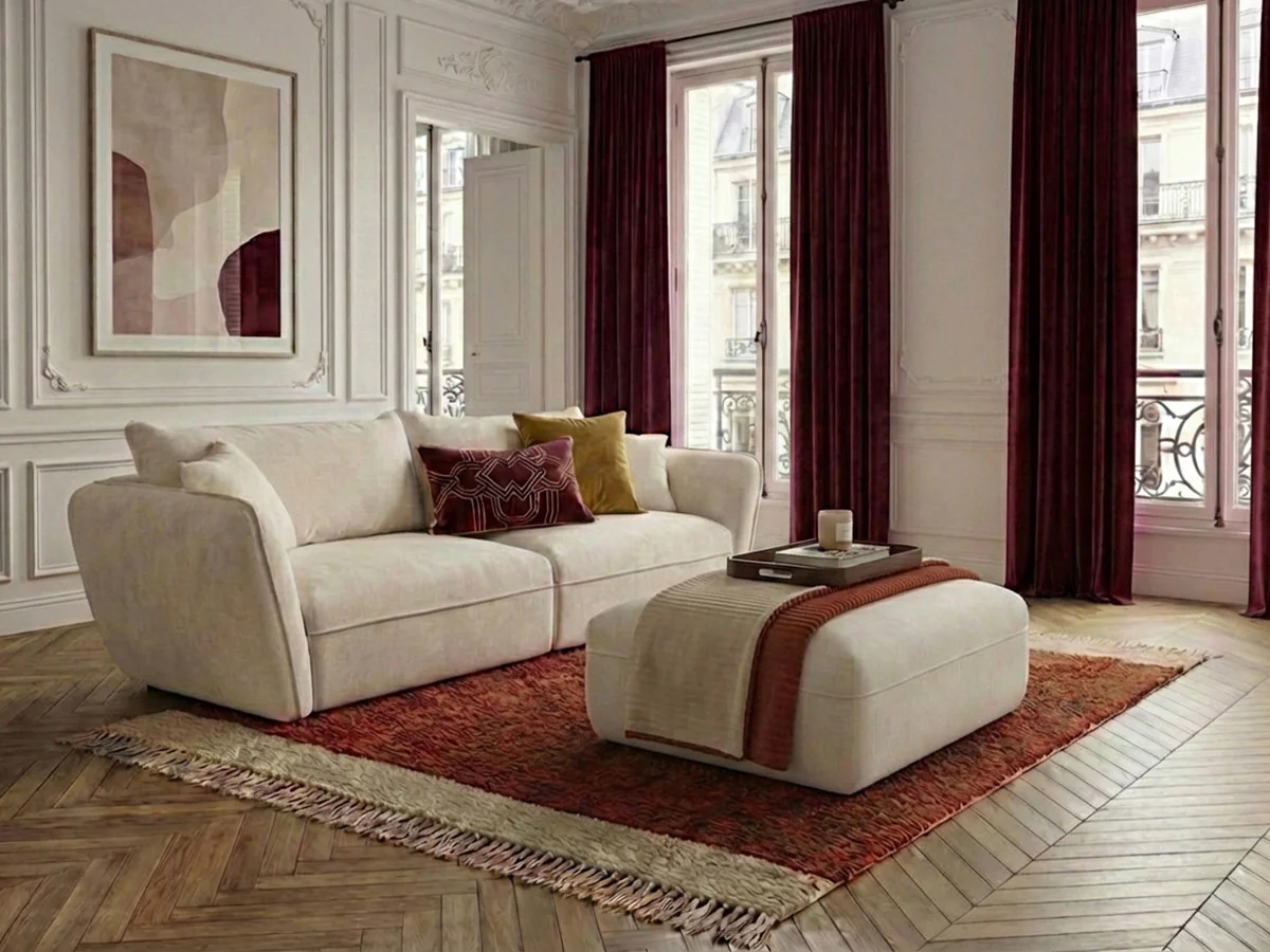 Canapé droit fixe 3 places LUIGI tissu lisse avec pouf - Image 9