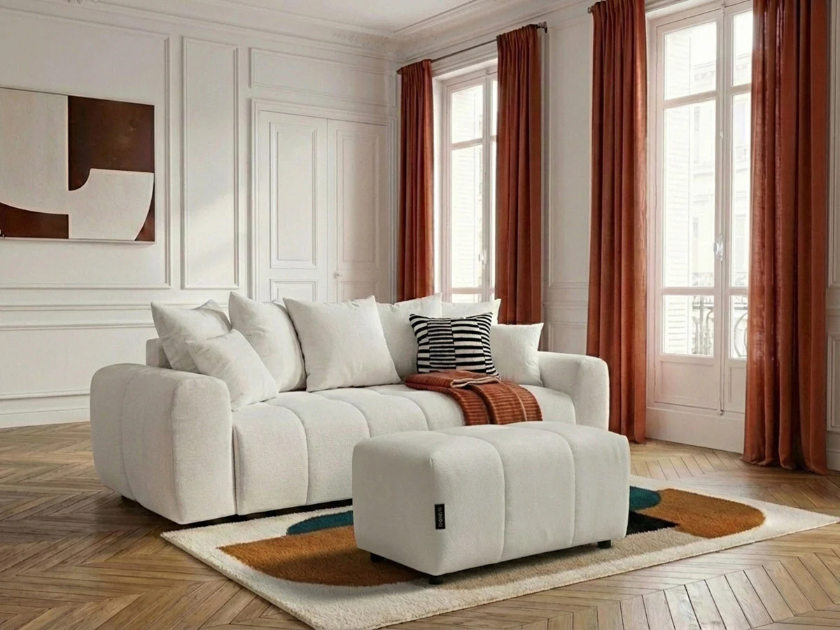 Canapé 3 places convertible ROXELANE tissu chiné avec pouf - Image 3