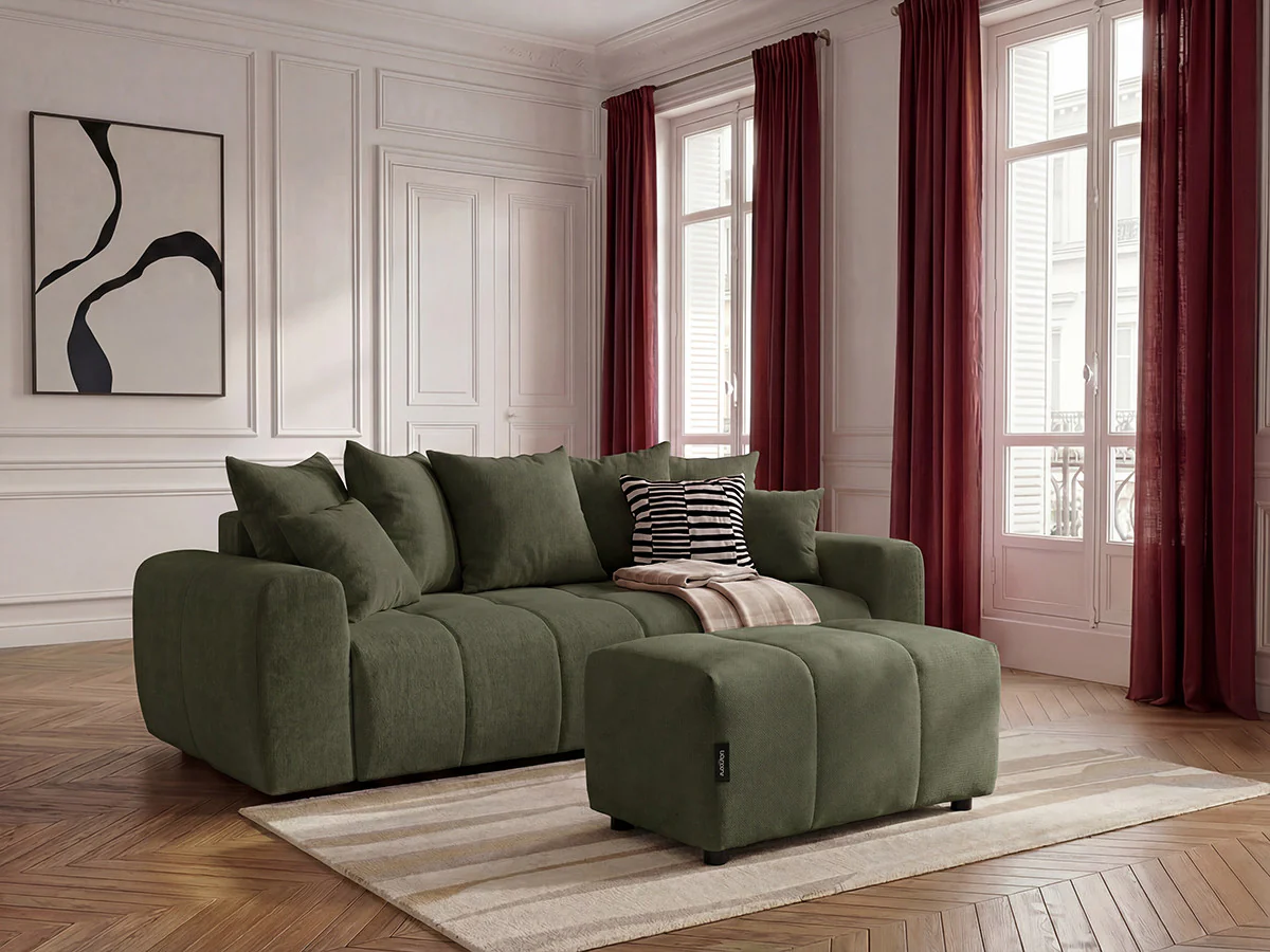 Canapé 3 places convertible ROXELANE tissu chiné avec pouf - Image 4