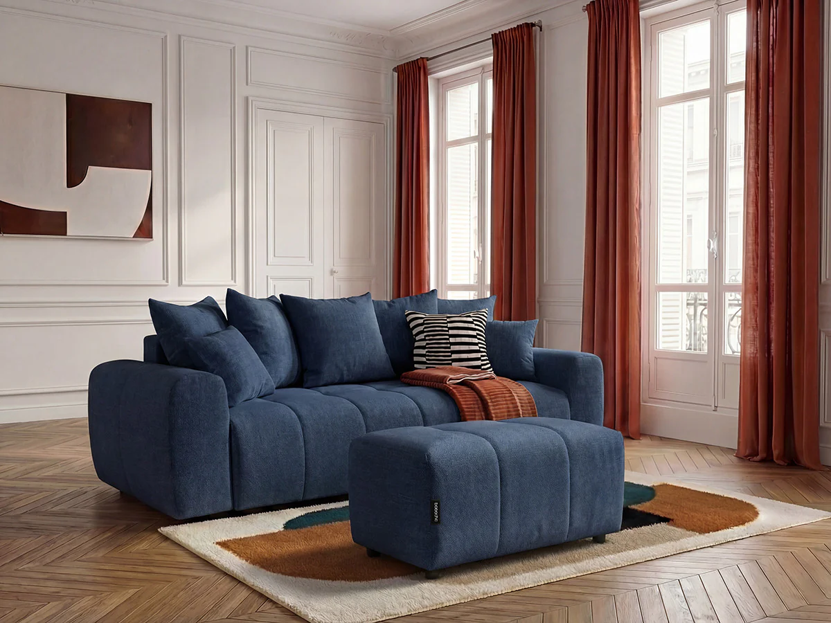 Canapé 3 places convertible ROXELANE tissu chiné avec pouf - Image 6