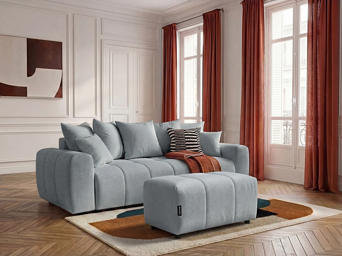Canapé 3 places convertible ROXELANE tissu chiné avec pouf - Image 7