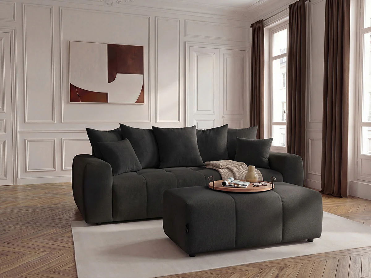 Canapé 3 places convertible ROXELANE tissu chiné avec pouf - Image 8
