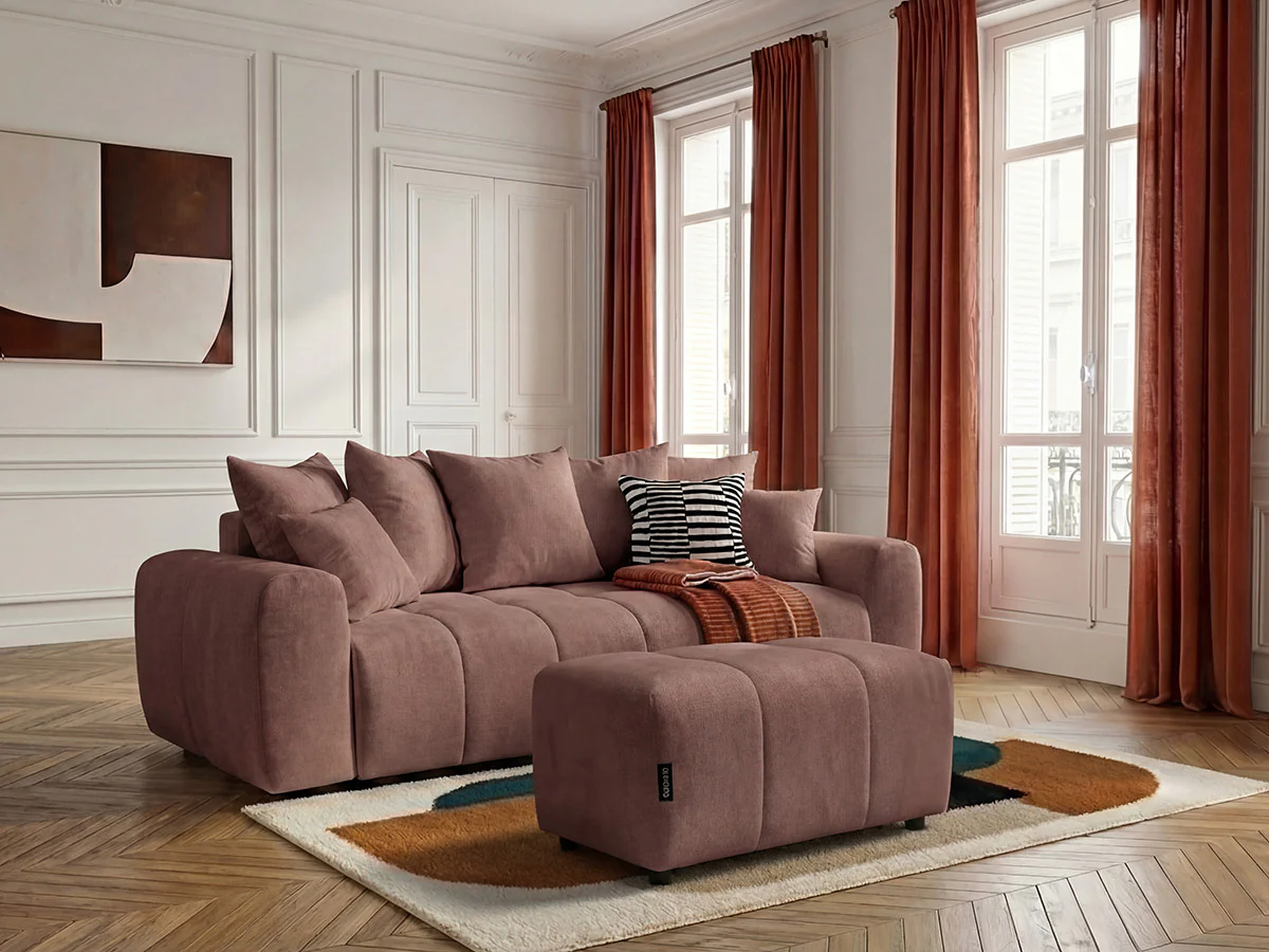 Canapé 3 places convertible ROXELANE tissu chiné avec pouf - Image 9