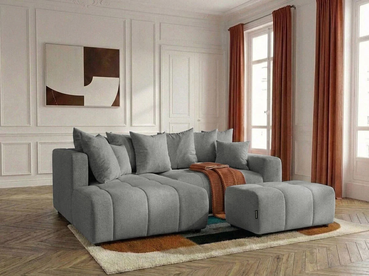 Canapé d'angle L convertible coffre ROXELANE tissu chiné avec pouf - Image 11