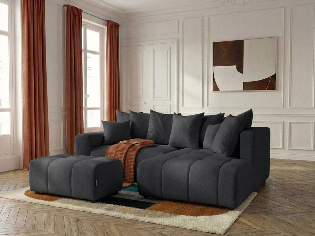 Canapé d'angle L convertible coffre ROXELANE tissu chiné avec pouf - Image 12
