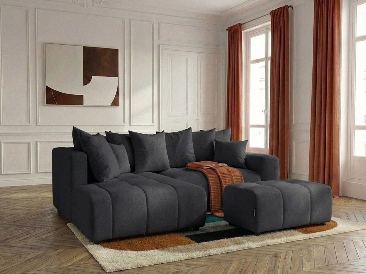 Canapé d'angle L convertible coffre ROXELANE tissu chiné avec pouf - Image 13