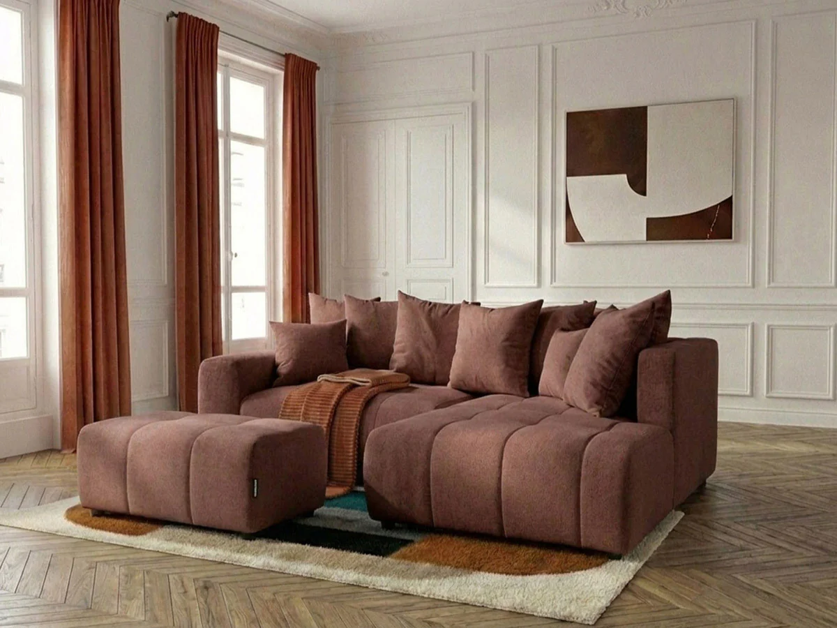 Canapé d'angle L convertible coffre ROXELANE tissu chiné avec pouf - Image 14