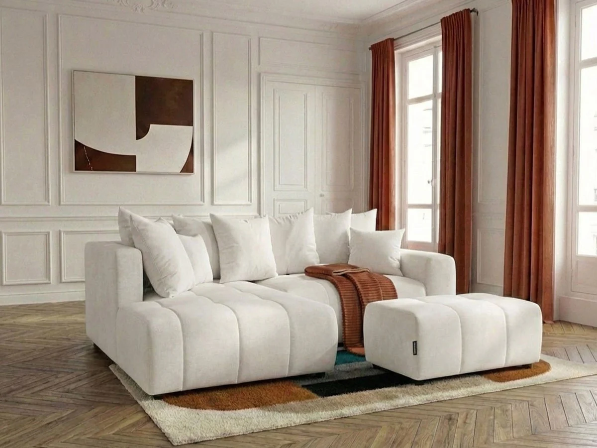 Canapé d'angle L convertible coffre ROXELANE tissu chiné avec pouf - Image 3