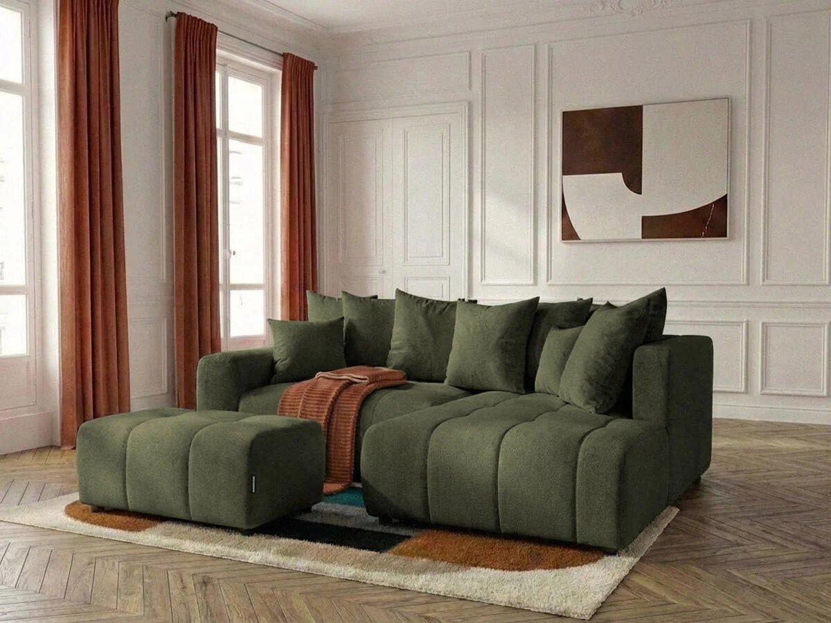 Canapé d'angle L convertible coffre ROXELANE tissu chiné avec pouf - Image 4