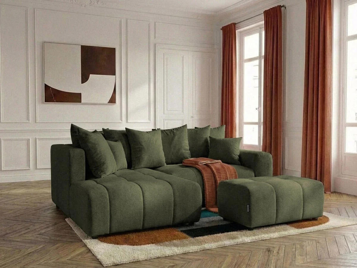 Canapé d'angle L convertible coffre ROXELANE tissu chiné avec pouf - Image 5