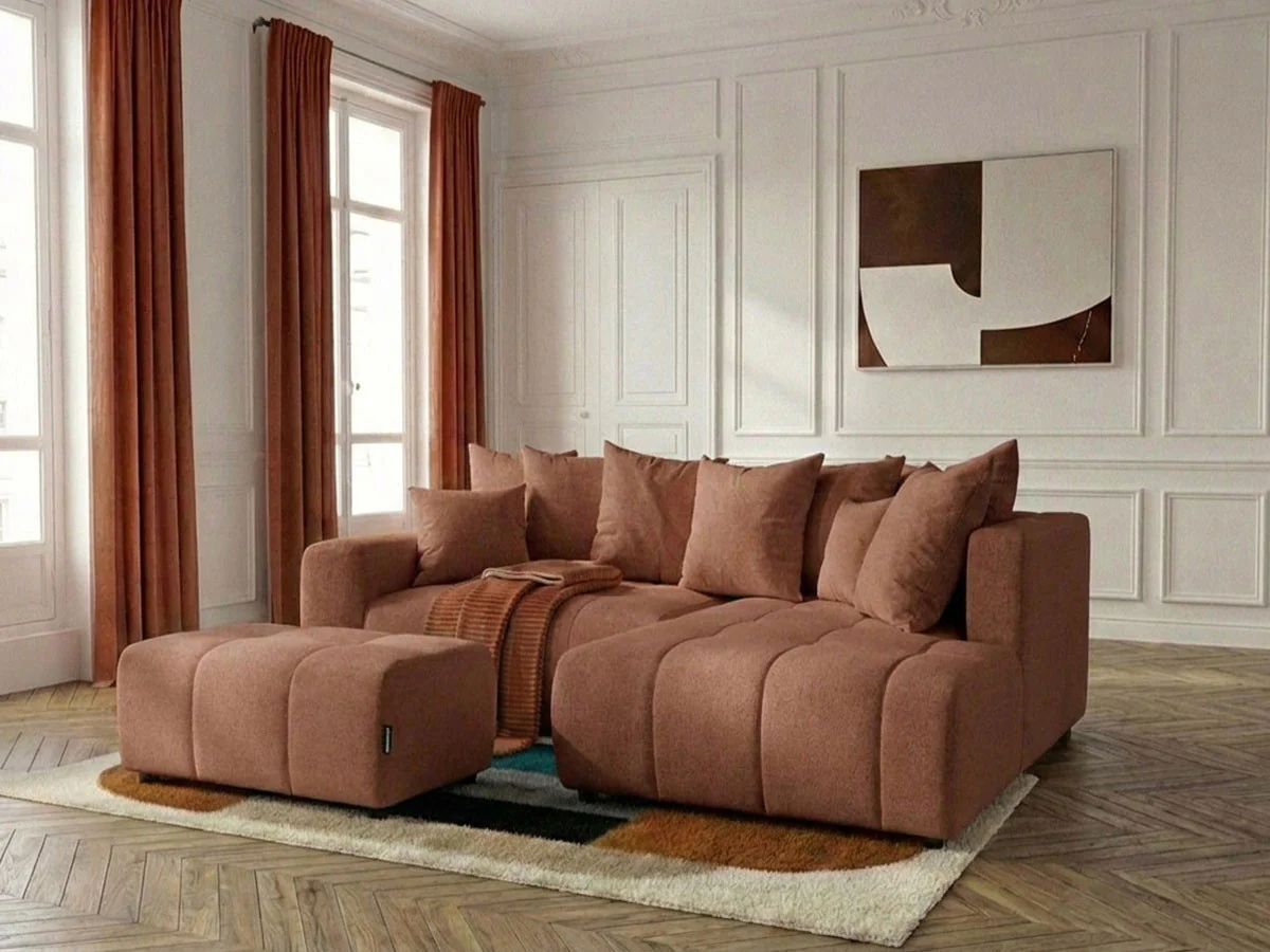 Canapé d'angle L convertible coffre ROXELANE tissu chiné avec pouf - Image 6
