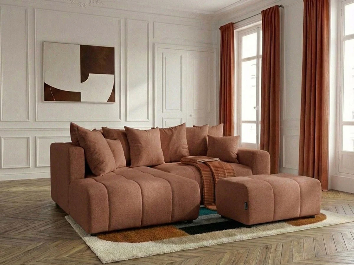 Canapé d'angle L convertible coffre ROXELANE tissu chiné avec pouf - Image 7