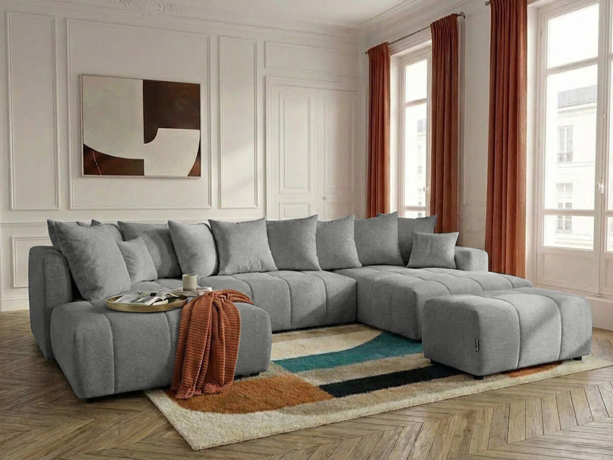 Canapé panoramique convertible ROXELANE tissu chiné avec pouf - Image 10