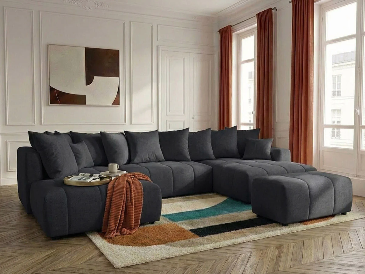 Canapé panoramique convertible ROXELANE tissu chiné avec pouf - Image 12