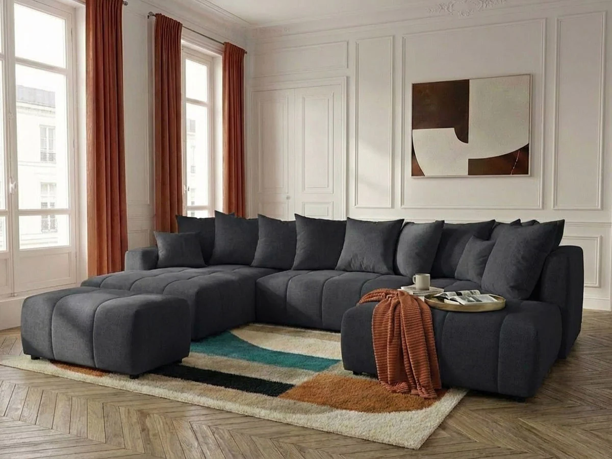 Canapé panoramique convertible ROXELANE tissu chiné avec pouf - Image 13