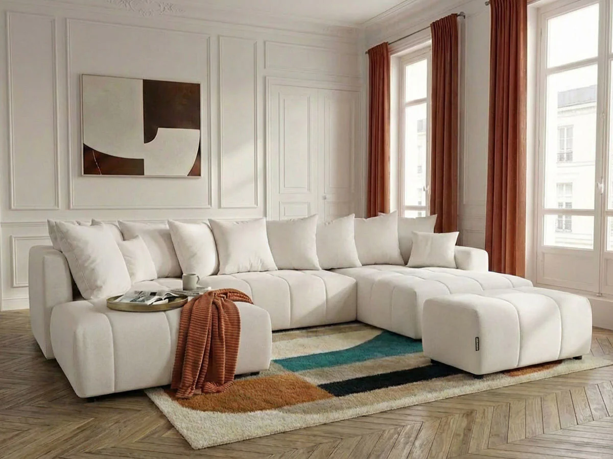 Canapé panoramique convertible ROXELANE tissu chiné avec pouf - Image 16
