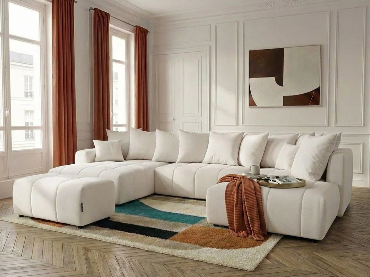 Canapé panoramique convertible ROXELANE tissu chiné avec pouf - Image 3