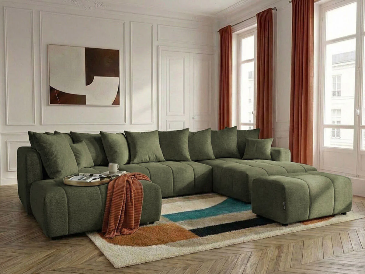 Canapé panoramique convertible ROXELANE tissu chiné avec pouf - Image 4