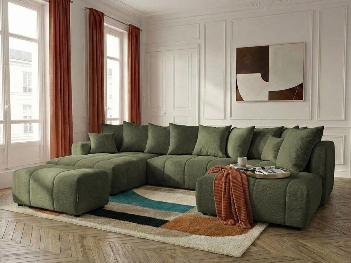 Canapé panoramique convertible ROXELANE tissu chiné avec pouf - Image 5