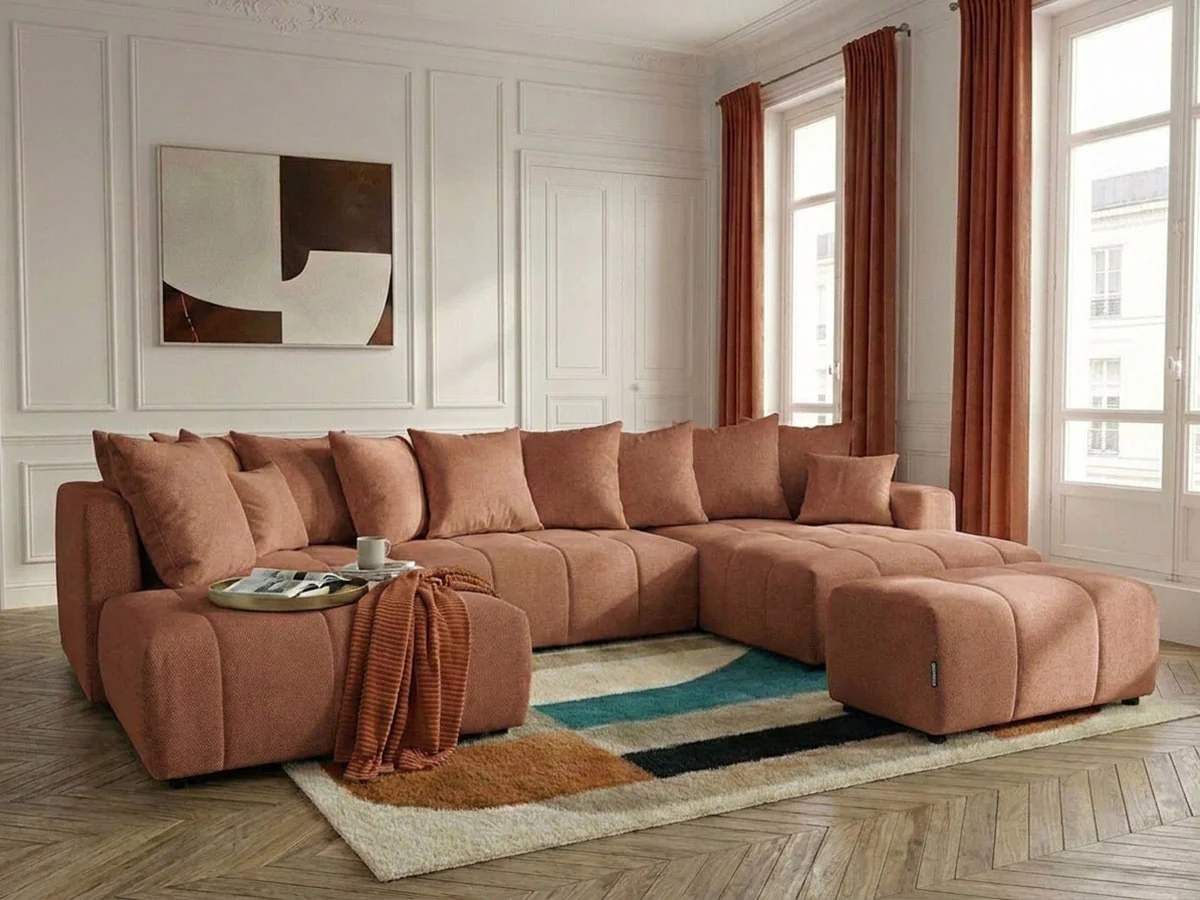 Canapé panoramique convertible ROXELANE tissu chiné avec pouf - Image 6