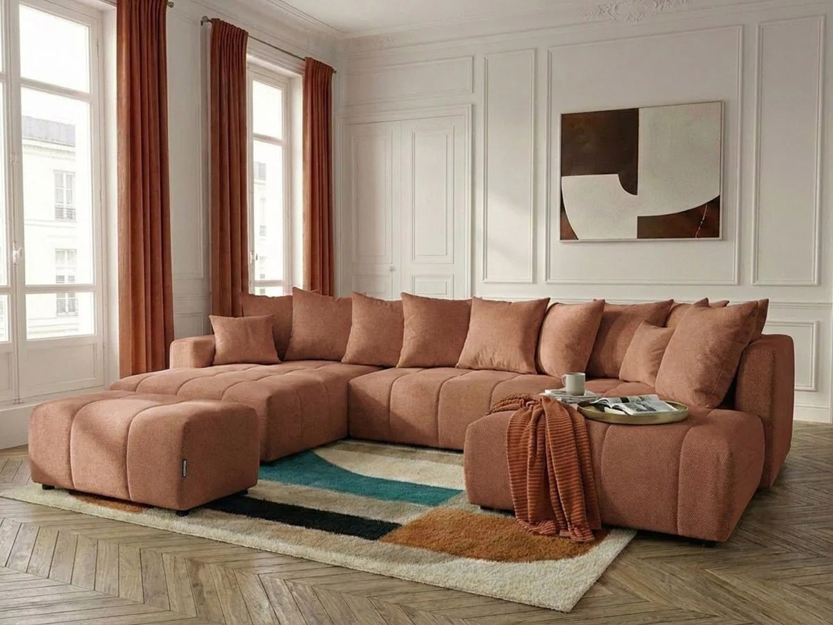 Canapé panoramique convertible ROXELANE tissu chiné avec pouf - Image 7