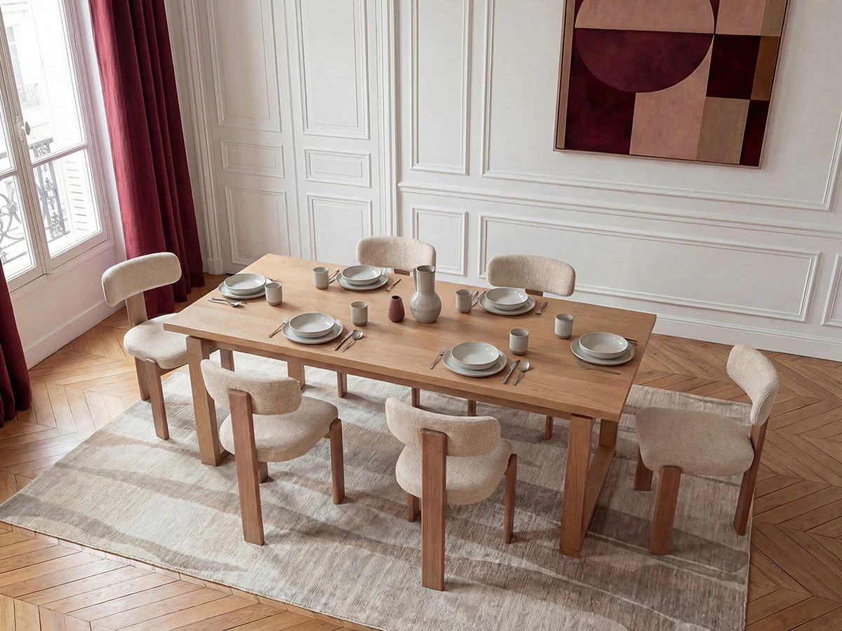 Ensemble MARIN avec table à manger 220 cm couleur chêne + lot de chaises TANYA chêne massif et tissu texturé - Image 3