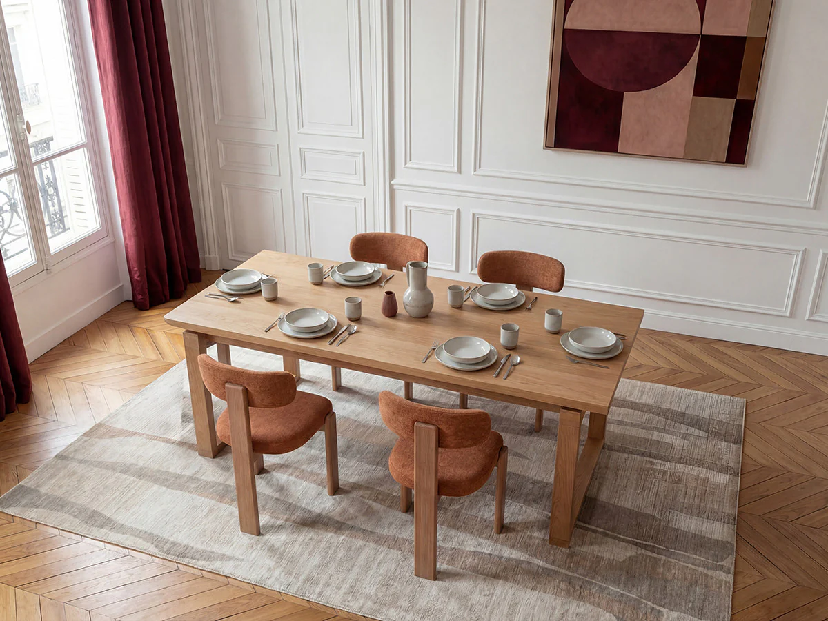 Ensemble MARIN avec table à manger 220 cm couleur chêne + lot de chaises TANYA chêne massif et tissu texturé - Image 4