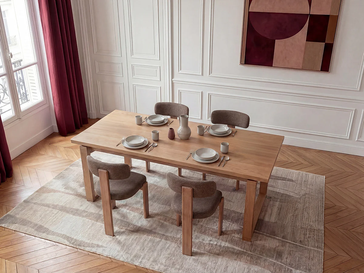 Ensemble MARIN avec table à manger 220 cm couleur chêne + lot de chaises TANYA chêne massif et tissu texturé - Image 5