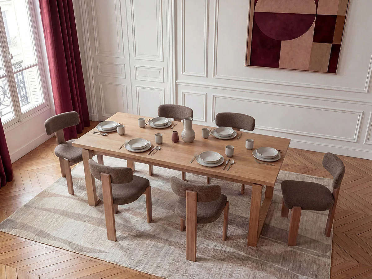 Ensemble MARIN avec table à manger 220 cm couleur chêne + lot de chaises TANYA chêne massif et tissu texturé - Image 6
